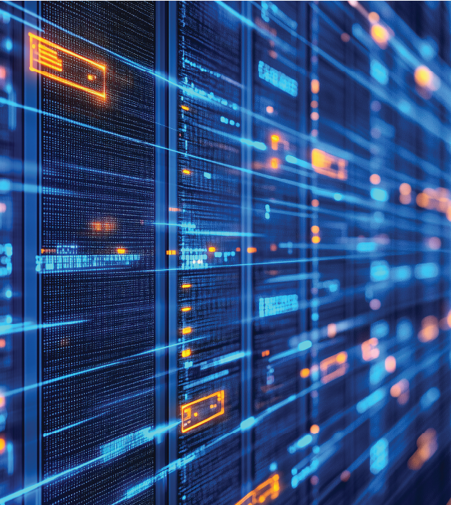 Data warehouse with blue and orange lights representing data