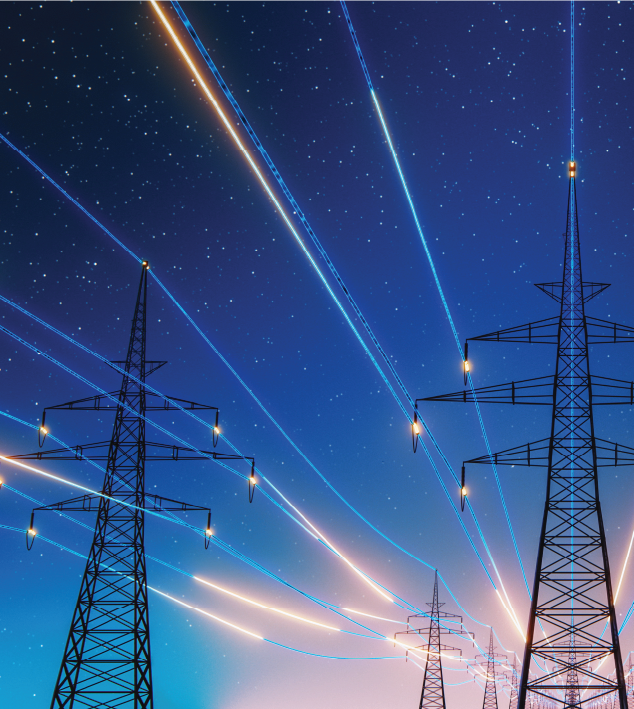 Transmission powerlines with blue lights signifying the flow of electricity